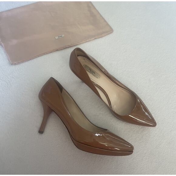 Prada Patent Platform Pumps High Heels Size 39 9 Pointed Toe Tan Nude Vintage - Picture 1 of 10